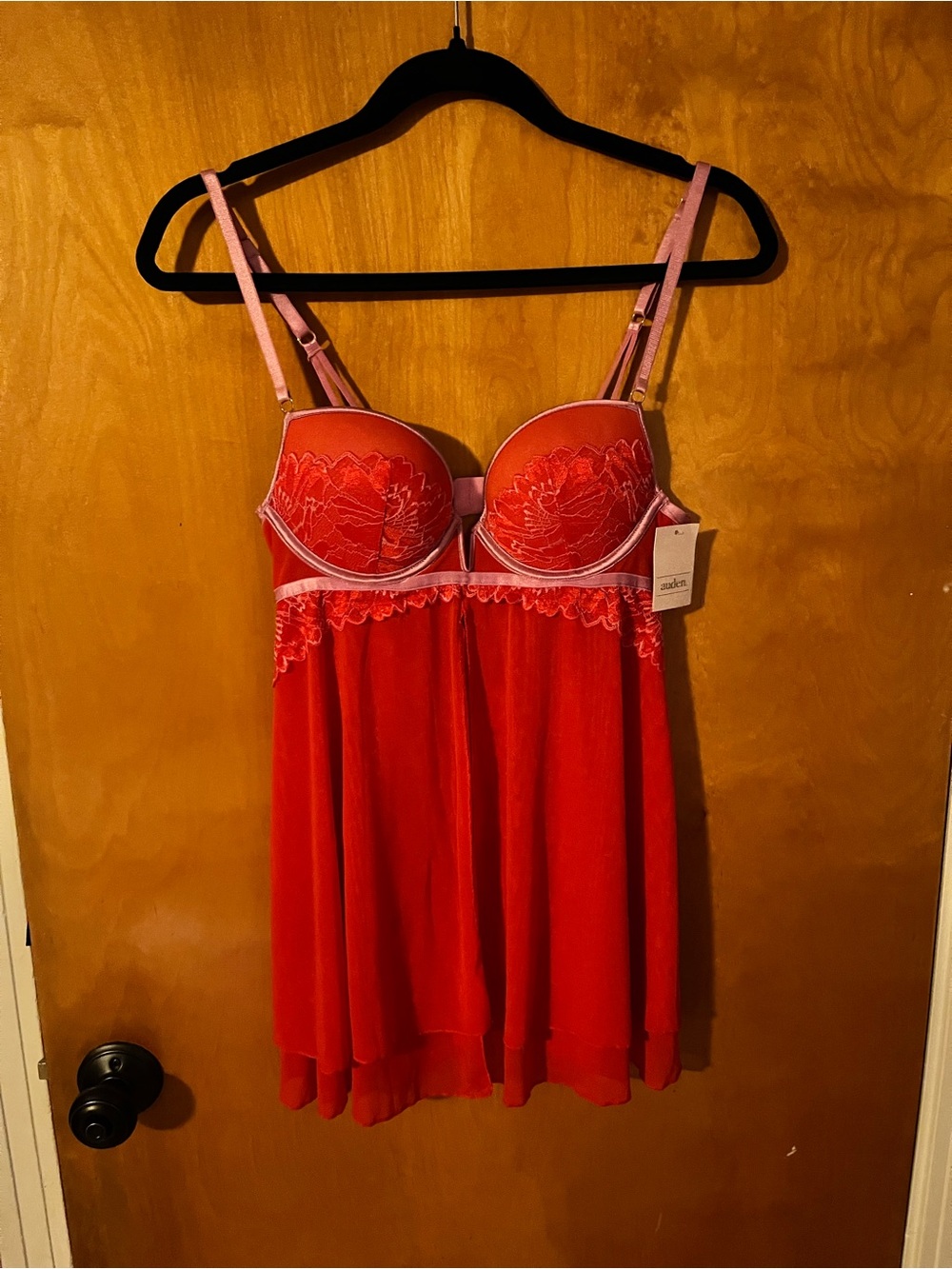 Auden Red Lace Babydoll Chemise with Pink Straps NWT